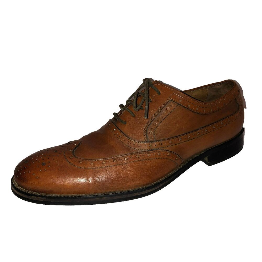 Johnston & Murphy Mens Size 9.5 Cognac Leather Wingtip Oxfords Classic Shoes